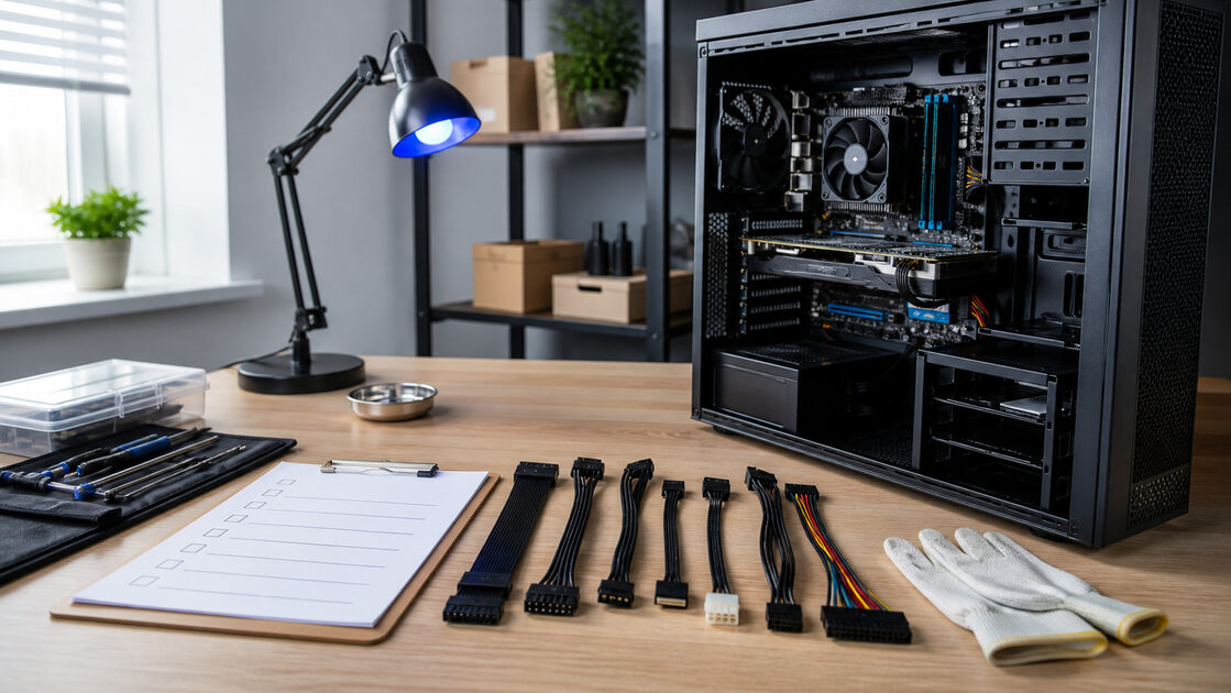 A calm technical workspace illustrating begin with what you can see, with physical objects and no readable software interface