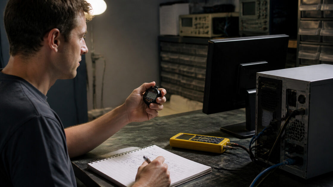 A calm technical workspace illustrating begin with what you can see, with physical objects and no readable software interface