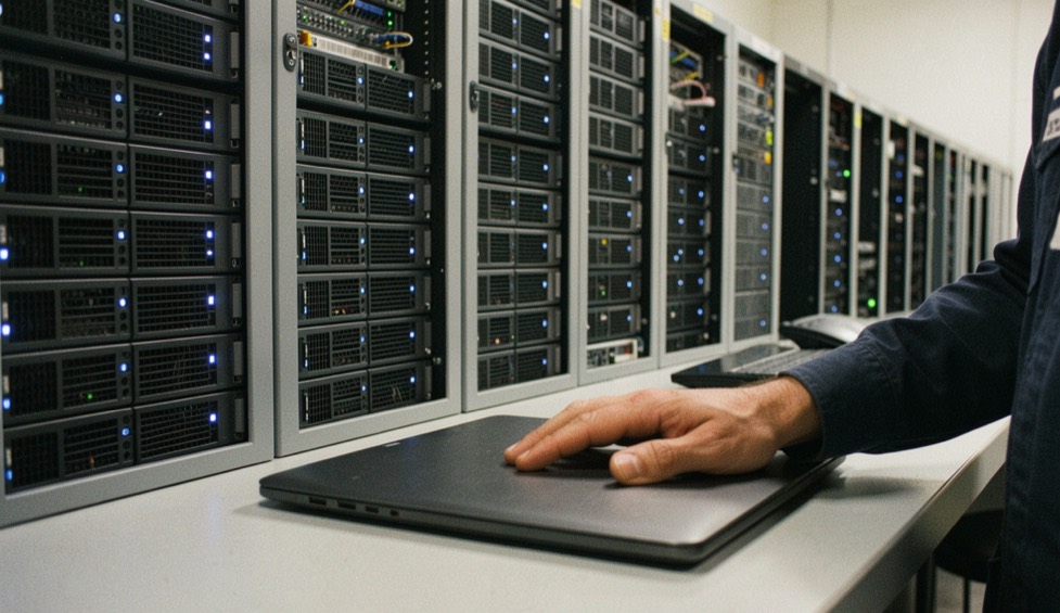 A row of rack-mounted servers in a quiet server room with small blue status lights, a technician's hand resting on a closed laptop in the foreground