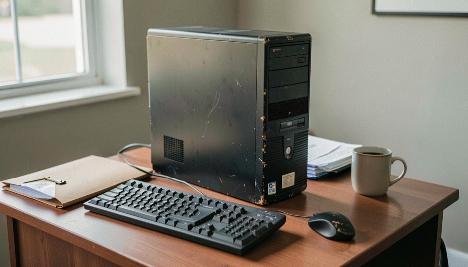 An older black desktop tower and a wired keyboard on a wooden office desk, a closed manila folder and a coffee mug beside them, soft afternoon window light